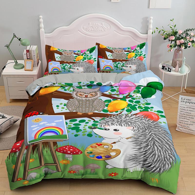 Cute Hedgehog Duvet Cover 3D Cartoon Animal Bedding Set King Full Queen Size Microfiber 3PCS Comforter Cover With Pillowcases