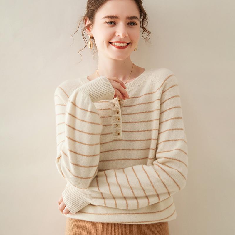 Women's Striped Cashmere Round Neck Button-Up Sweater - Long Sleeve Wool Knitwear for Autumn/Winter