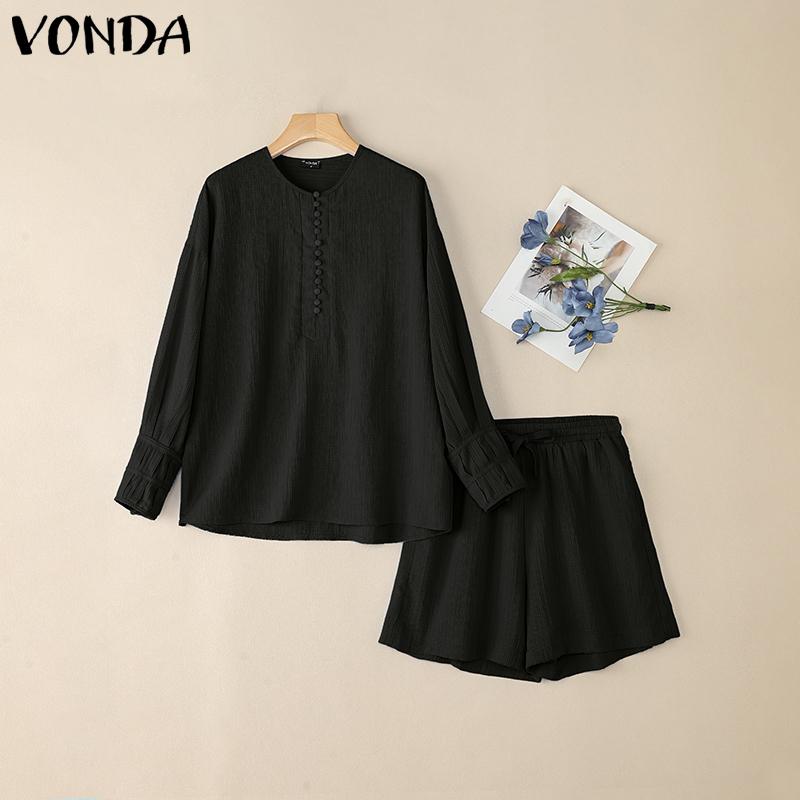 

VONDA 2PCS Women Sets Long Sleeve Shirts Elastic Waist Shorts Casual Semi-Sheer Suits XL чёрный