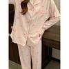 Wrinkle Fabric Sleepwear Spring Collection Sweet Striped Long Sleeve Korean Style Casual Wearable Home Set