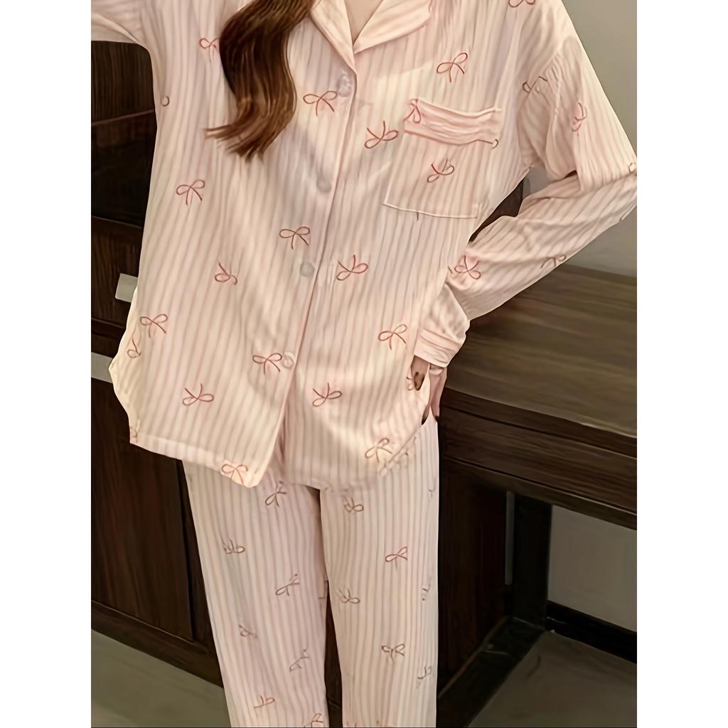 Wrinkle Fabric Sleepwear Spring Collection Sweet Striped Long Sleeve Korean Style Casual Wearable Home Set