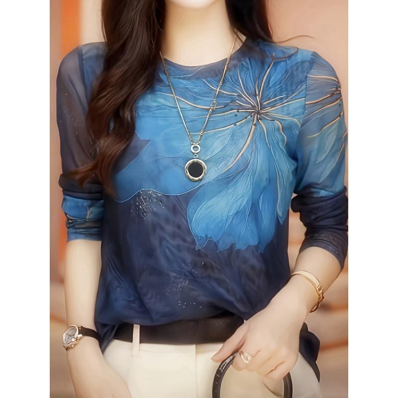 Stylish Floral Print Long Sleeve T-Shirt - Crew Neck, Semi-Sheer, High Elasticity, Machine Washable, Elegant Top for Spring and Fall