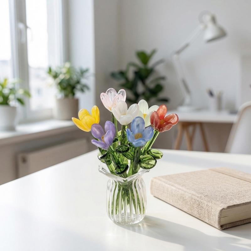 1set Mini Lifelike Glass Flowers Simulation Floral Bouquet With Vase Handcrafted Home Decoration Gift
