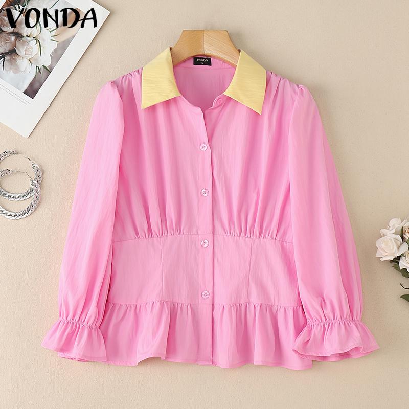 VONDA Women Elegant Lapel Neck Puff 3/4 Sleeve Button Ruffled Slim Waist Casual Blouse