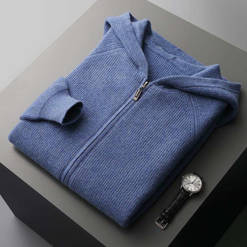 Autumn and Winter Men Wool Sweater Hooded Zipper Cardigan Thickened Knit Large-size Jacket Long Sleeved Sportswear Coat