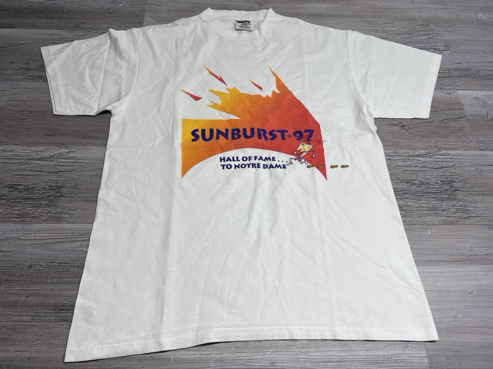 

Vintage 90s Sunburst Notre Dame to HOF Race T-Shirt Mens Sz L Double Sided 1997 S