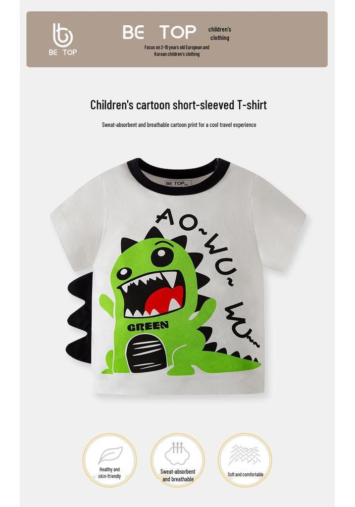 Betop Kids' Korean Style Dinosaur Cartoon Short Sleeve T-Shirt