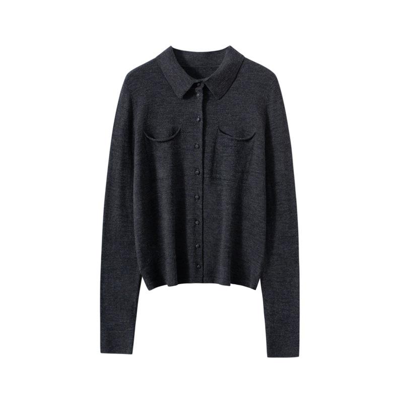 Autumn/Winter Women's Pure Wool Polo Collar Knit Cardigan
