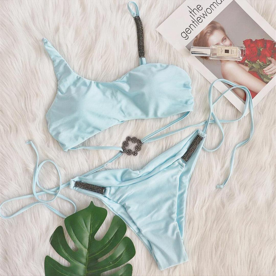 

Асимметричный бикини со стразами, женский купальник, женские купальники, комплект бикини из двух частей, купальный костюм для плавания L синий