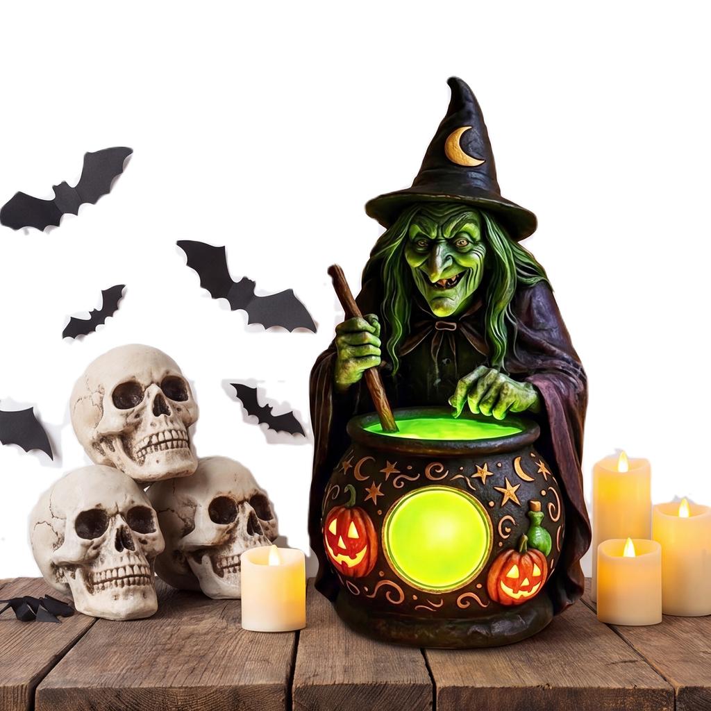 Scary Resin Witch Cauldron LED Lamp Halloween Glowing Decoration Spooky Night Light for Home Party Outdoor Store Haunted House