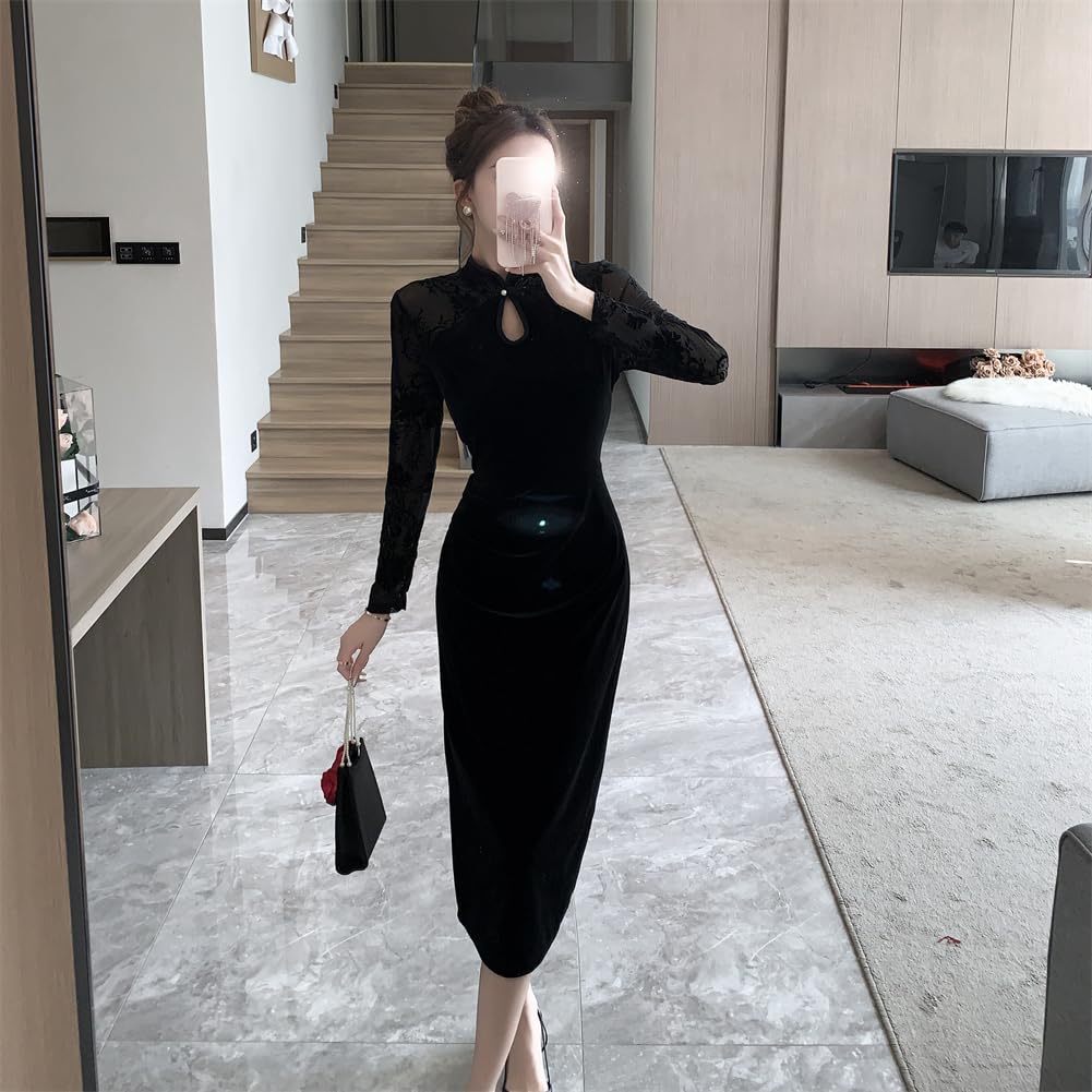 YONGO Long Cheongsam Chinese Black Elegant and Perfect for Weddings and Receptions Women's Dress, Style, Velvet, Stand-Up Collar, Stylish, (Size 6,