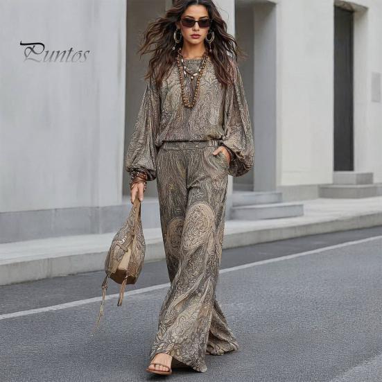 Atmungsaktive Stoffkleidung Boho-Print 2-teilige Sets für Damen, Lässiges Langarm-Oberteil Figurschmeichelndes Outfit für Birnenform, Weite Hosen Passende Sets, Sommer
