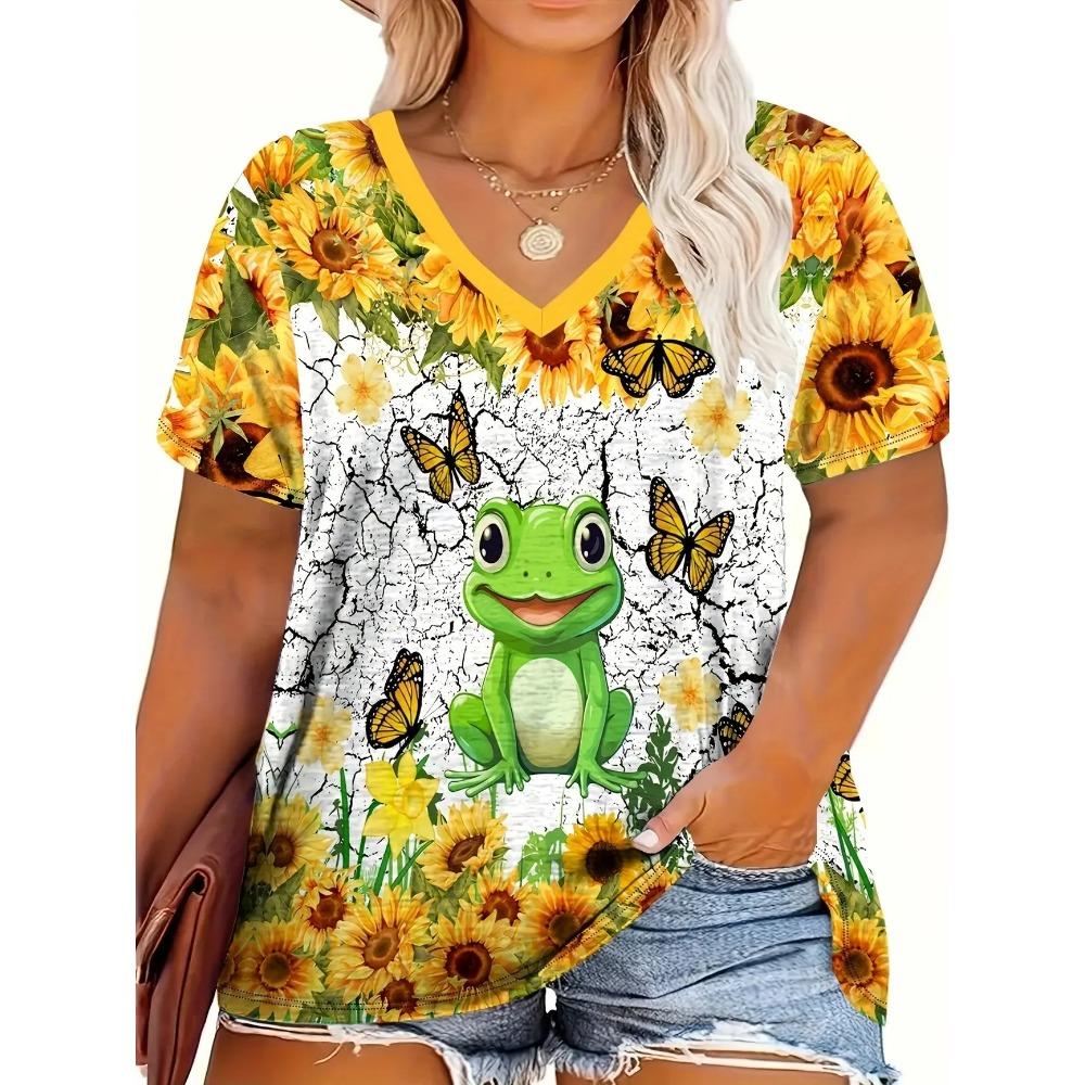 

Женская футболка с принтом лягушки и цветочным узором, уличная ретро-мода, повседневная футболка оверсайз, летняя женская футболка S