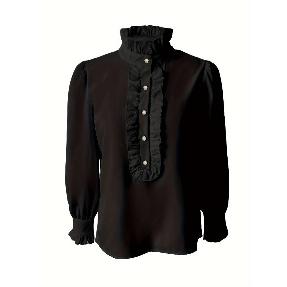 Dames Ruffle Hoge Hals Lange Mouwen Blouse Elegante Effen Kleur Shirt Parelmoer Knopen Werk Kleding Tops