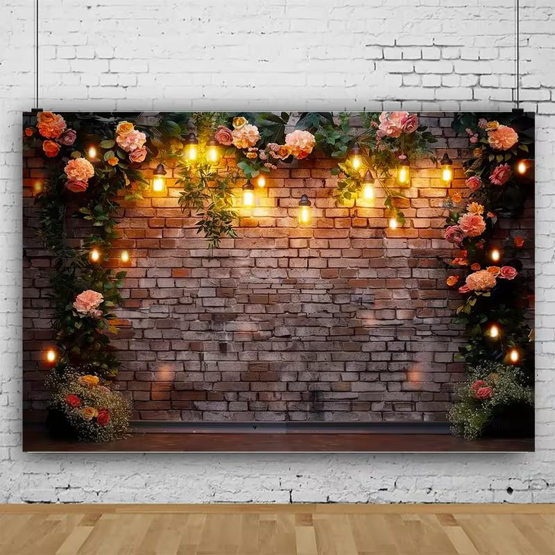2D Vintage Brick Wall with Floral and Light Bulb Backdrop Party Photo Background Cloth