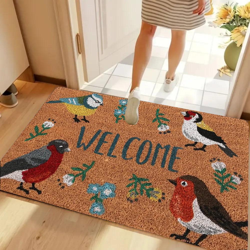 Welcome Retro Floral Doormat Orange Coir Non-Slip Entryway Mat Colorful Flower Design Carpet for Entryway Kitchen Living Room