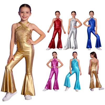Mono acampanado con lentejuelas brillantes y borlas para niñas: Body metálico sin mangas con cremallera invisible en la espalda para fiestas de baile disco.