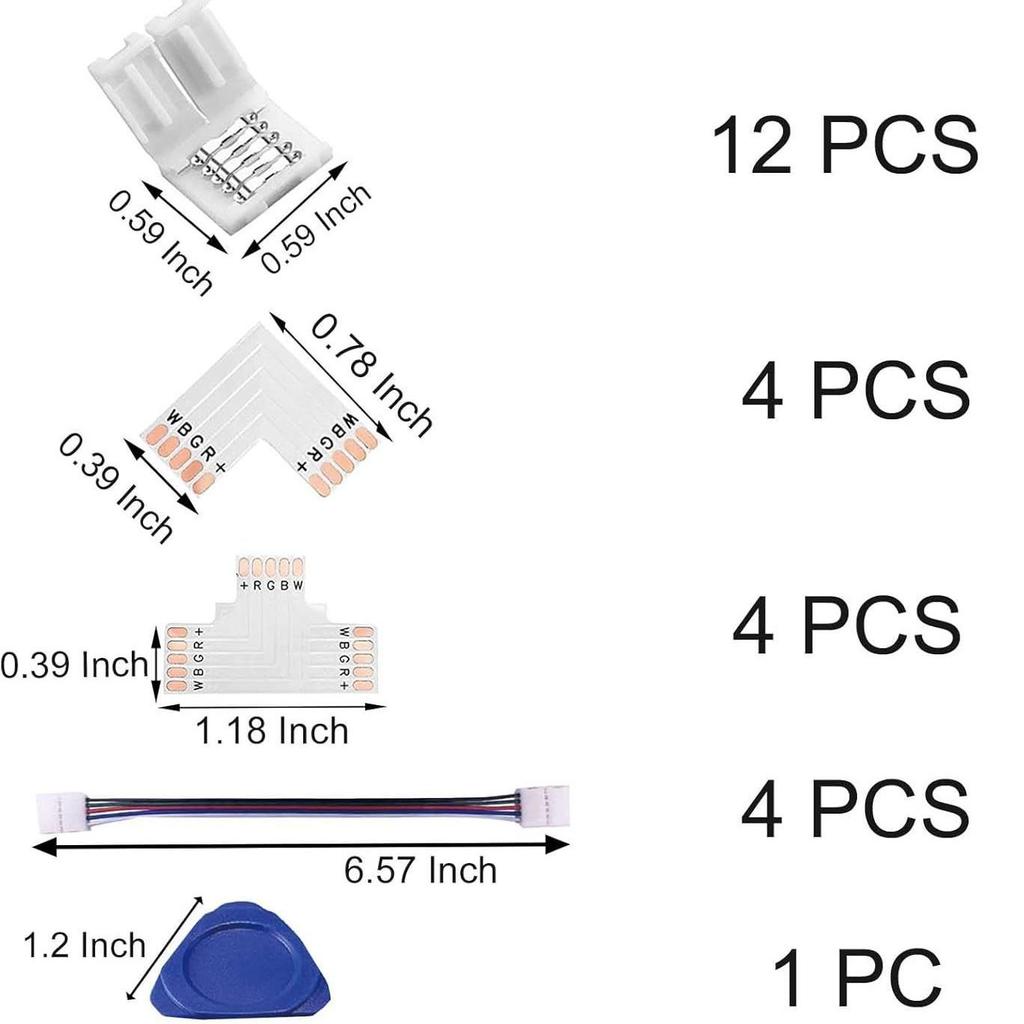 25-Pack 5-Pin 10mm RGBW LED Strip Connector Kit: Solderless L-Type & T-Type Adapters