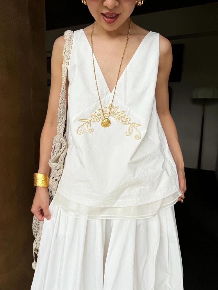 Beaded Organza Patchwork Sleeveless Top & Lace Midi Skirt - Spring/Summer Collection