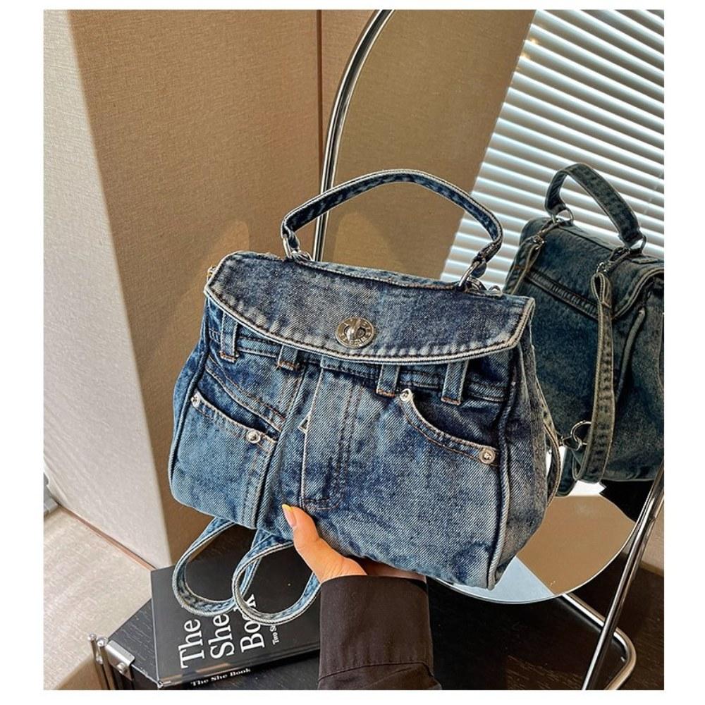 Women Vintage Multi Pocket Denim Backpack with Adjustable Strap for Daily Commute