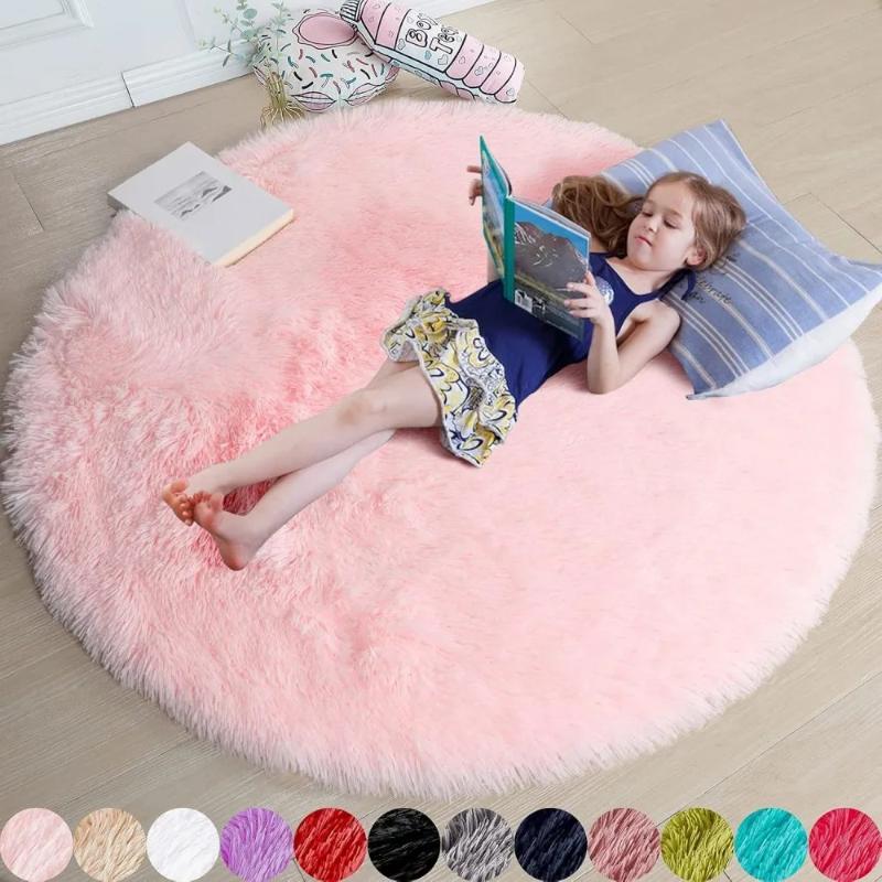 Bedroom Living Room Plush Round Carpet Infant Crawling Anti Slip Soft Pad Ins Home Decor Pink Carpet