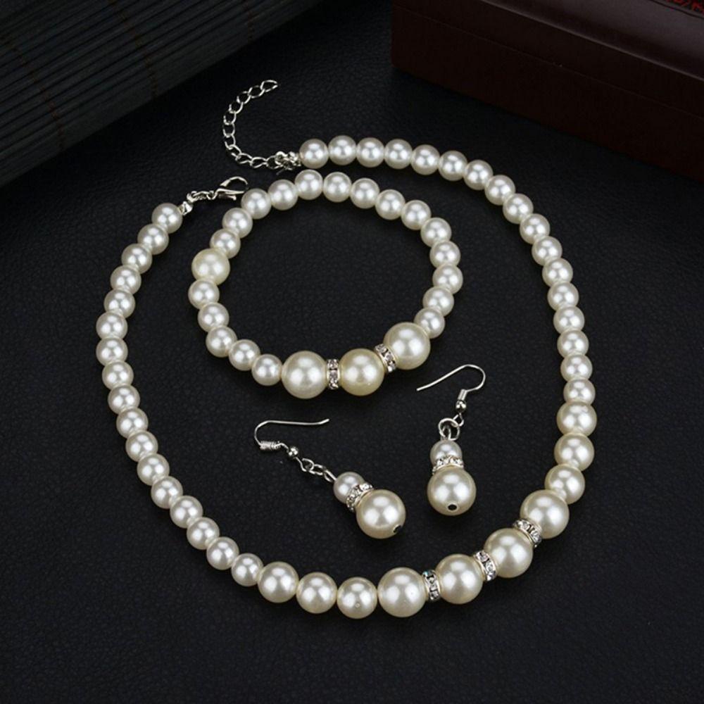 Shiny Earrings Necklace Bracelet Set Simulated Pearl Bridal Jewelry Accessories  Banquet