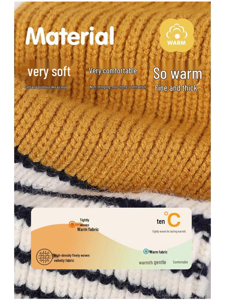 Kinder Pompon Ohrenklappenmütze, Schal & Handschuhe Set - Gestreckt gestrickt für Herbst- & Winterwärme