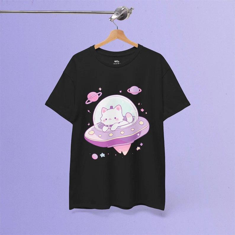 Space Cat Ufo Kawaii Goth Kitty Cat Lover Black TShirt Gift For Fans S