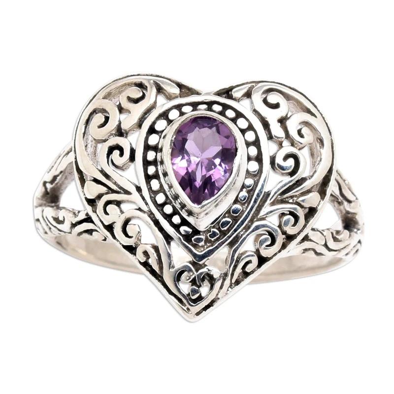 

Huitan Exquisite Hollow Heart Design Rings with Purple CZ Vintage Anti Copper Accessories for Women Stylish Zircon for Party 6