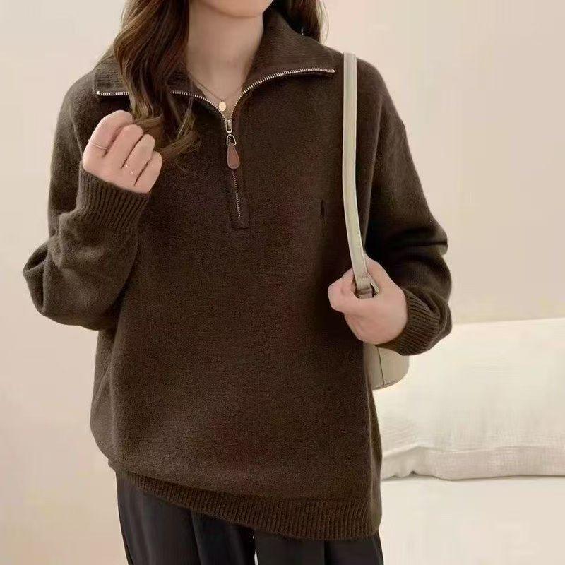Korean Style Pony Embroidery Half-Zip Collar Women's Sweater - Loose Knit Top for Autumn & Winter
