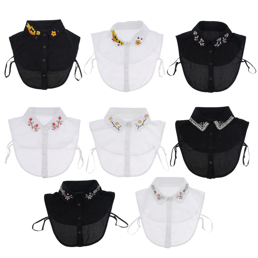 Women Removable Faux Collar Floral Embroidered Half Shirt Blouse Dickey Fashion Bib for Casual T Shirt
