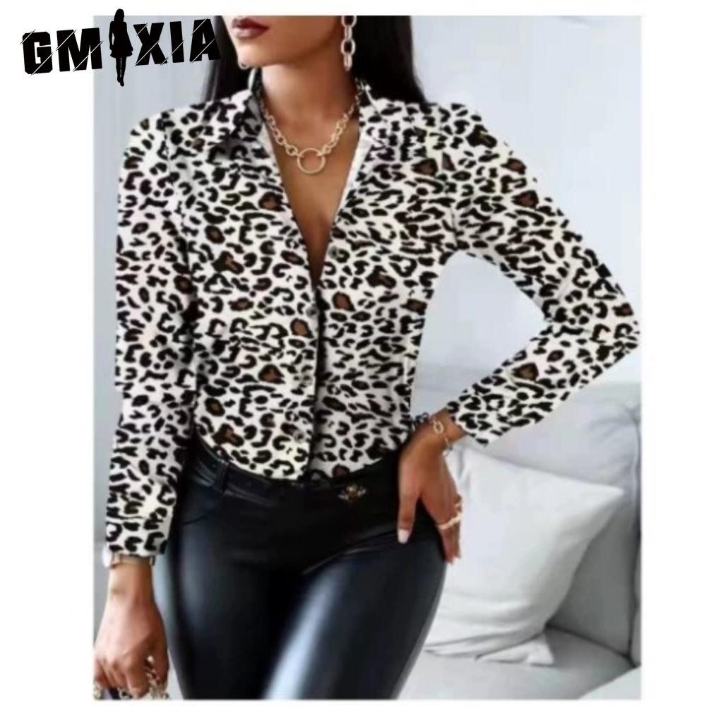 GMXIA Women's Fashion Casual Solid Color Print Long Sleeve POLO Neck Blouses & Shirts