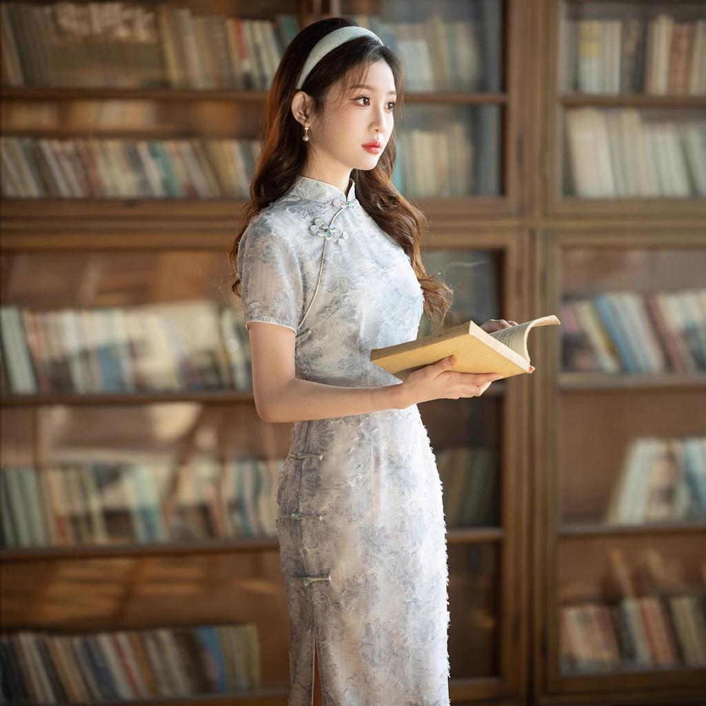 Literary and fresh improved cheongsam women's retro printing national style young new Chinese floral dress daily blue
