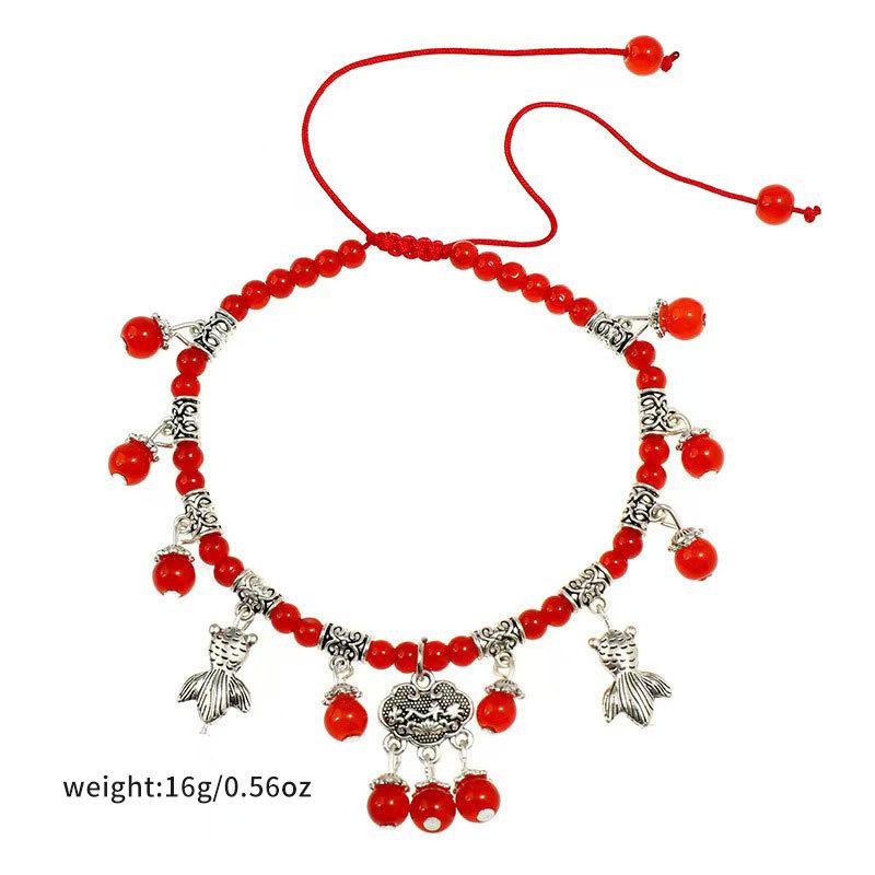 Literary And Retro Summer Red Rope Anklet Safety Lock Fringed Bell Agate Anklet Natal Female Accessories Foot Accessories