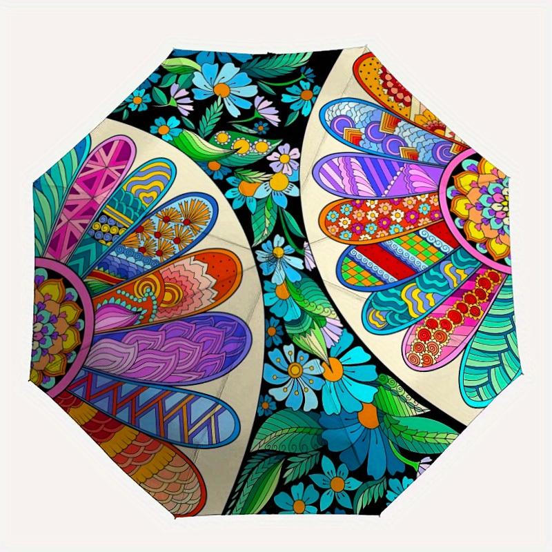 

1pc Floral Mandala Folding Umbrella With Excellent UV Protection, 8 Ribs Casual Durable Lightweight Portable Travelling Umbrella For Men & W
