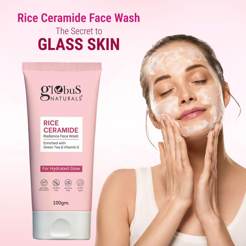 Globus Naturals Rice Ceramide Korean Glass Skin Face Wash, Improves skin barrier, Ayurvedic Preparation, Paraben Free, Gentle & Mild, Suitable For