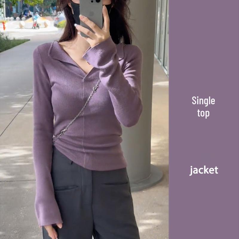

Women s Purple Collared Knitted Slim Fit Long Sleeve Sweater - Spring 2025 Fashion One Size фиолетовый
