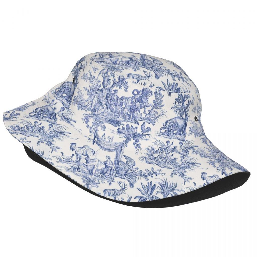 Navy Blue Toile De Jouy Bucket Hat Women Unisex Unisex Fashion French Countryside Floral Summer Fisherman Cap