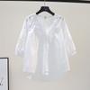 100% Cotton Embroidered Blouses Women Shirt Mid-sleeve Hollow Summer Top O-neck Loose Casual Button Up White Female Shirt