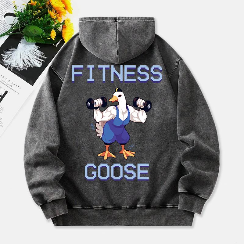 Fitness Goose Washed Hoodie Womens Cartoons Printing Cotton Pullover Comfortable Warm Oversized Hooded  Clothes