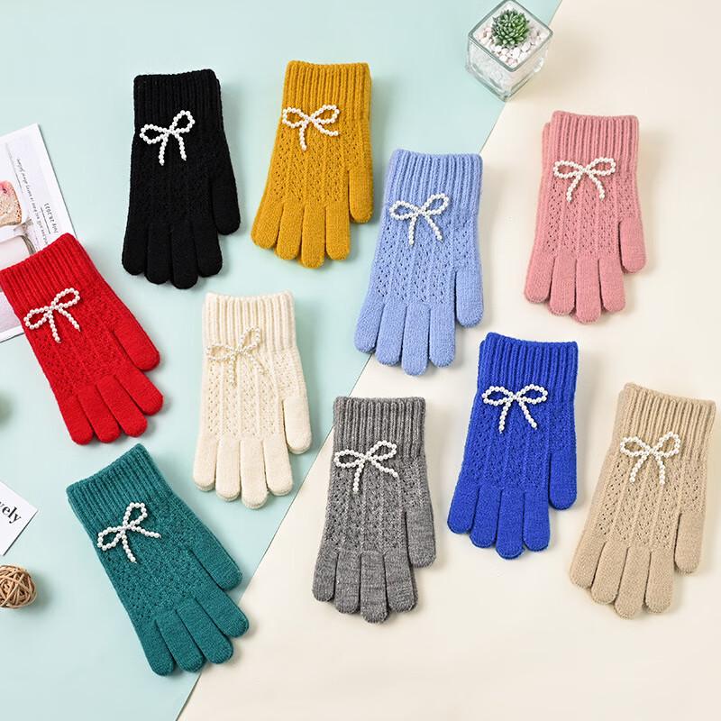 Women's Winter Knitted Touchscreen Gloves with Bow & Pearl