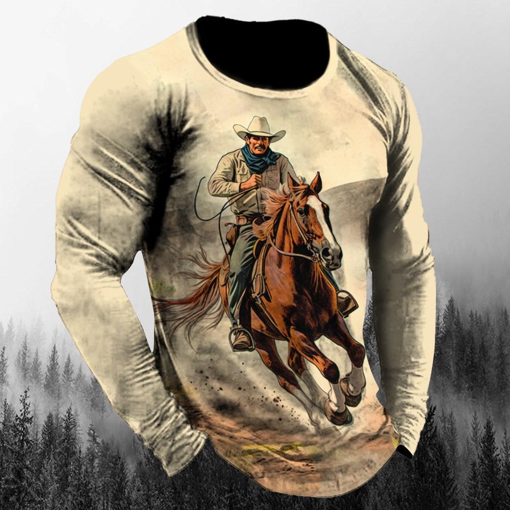 Vintage Cowboy T-Shirt Casual Sports Long Sleeve Tops Mens Western Cowboy Pattern Winter Loose Street T Shirt Clothing Pullover