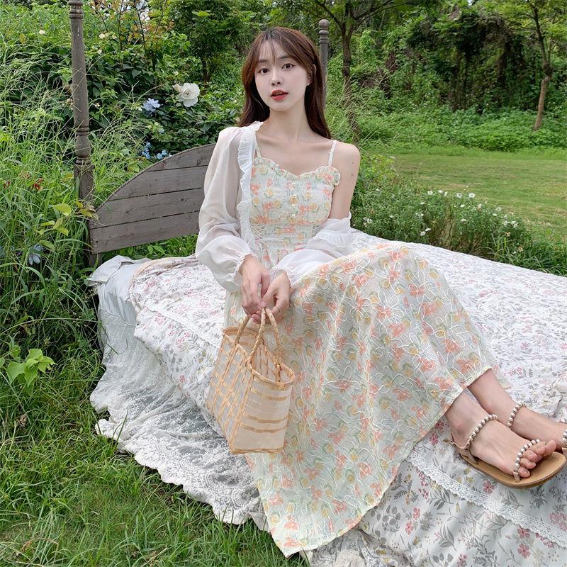 Large Size Sweet and Gentle Dress Waist-skimming Halter Floral Dress Chiffon Dress