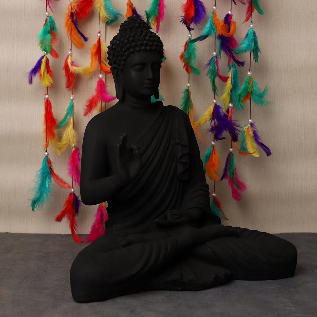Sitting Buddha Statue for Home & Office Decor, Marble Dust Idol Statue of Resin 15 Inch (Black), Religiousb