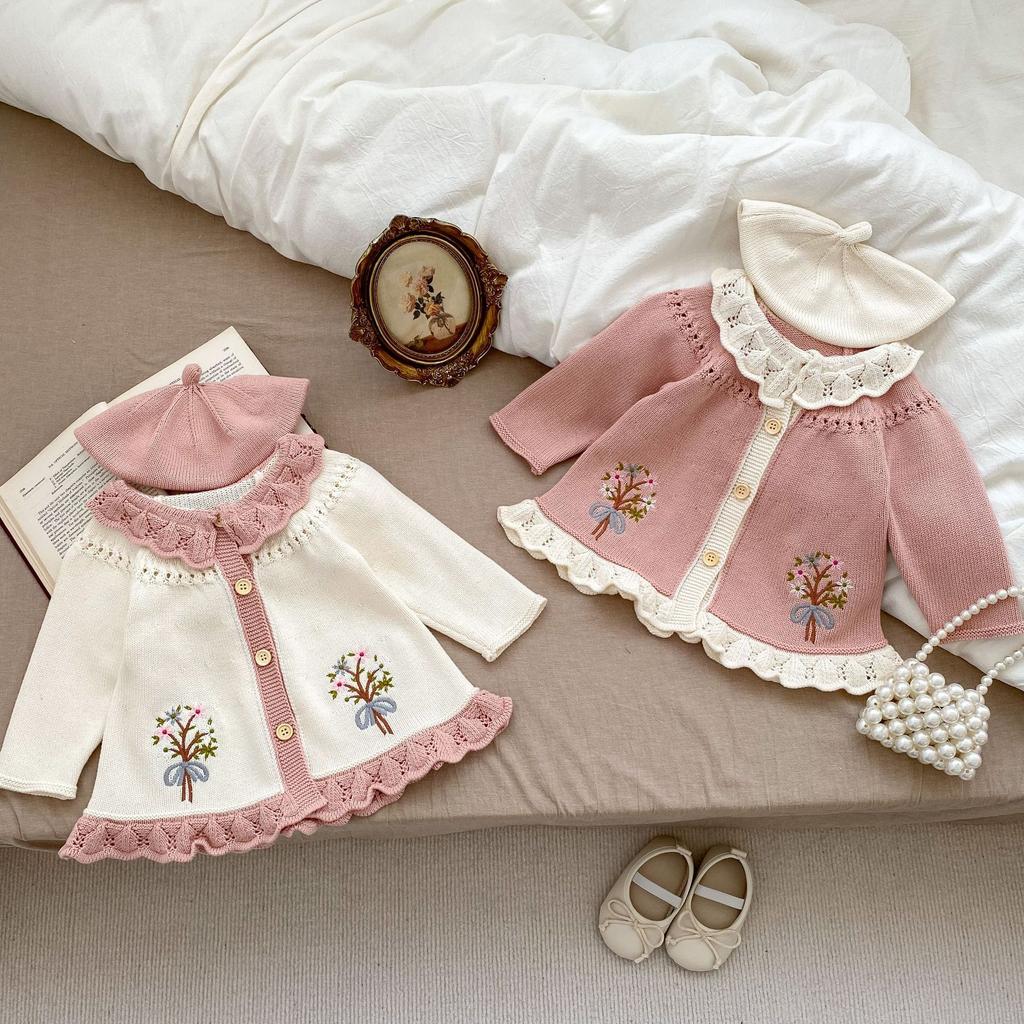 Girls Spring Autumn Long Cardigan with Floral Embroidery Ruffled Collar and A-Line Silhouette