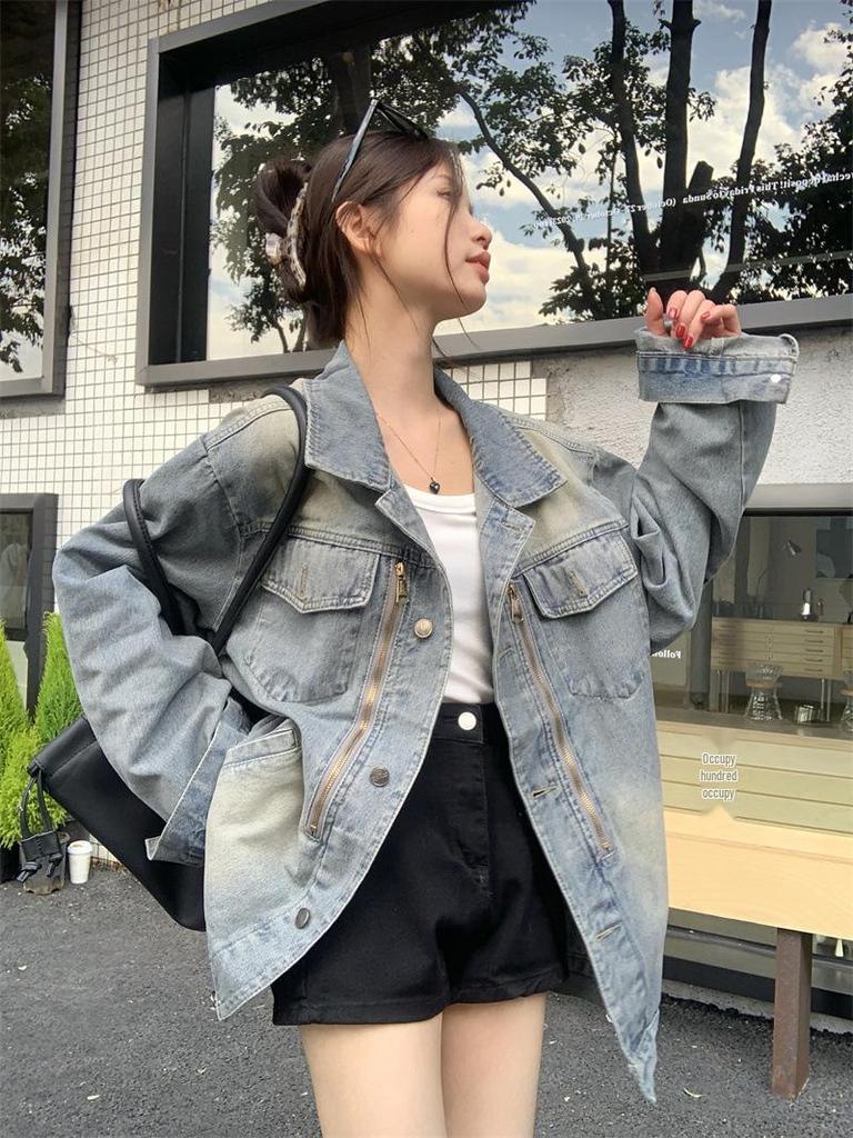 2026 Spring Plus Size Korean Style Women's Denim Jacket - Long Sleeve, Loose, Trendy New Arrival
