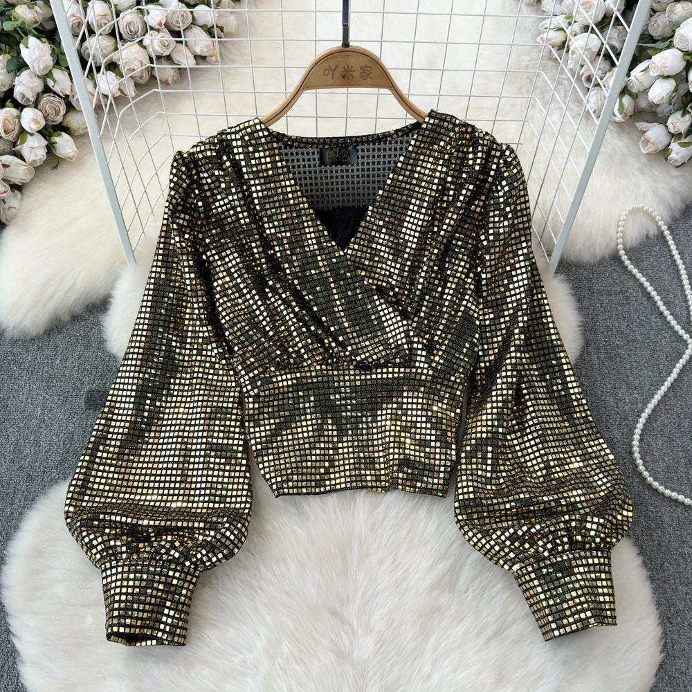 

Весна Осень Модный Элегантный Фонарь Длинные Рукава V-образный вырез Сверкающие Пайетки Футболка Женская Повседневная Корейский Y2k Топ One Size золотой