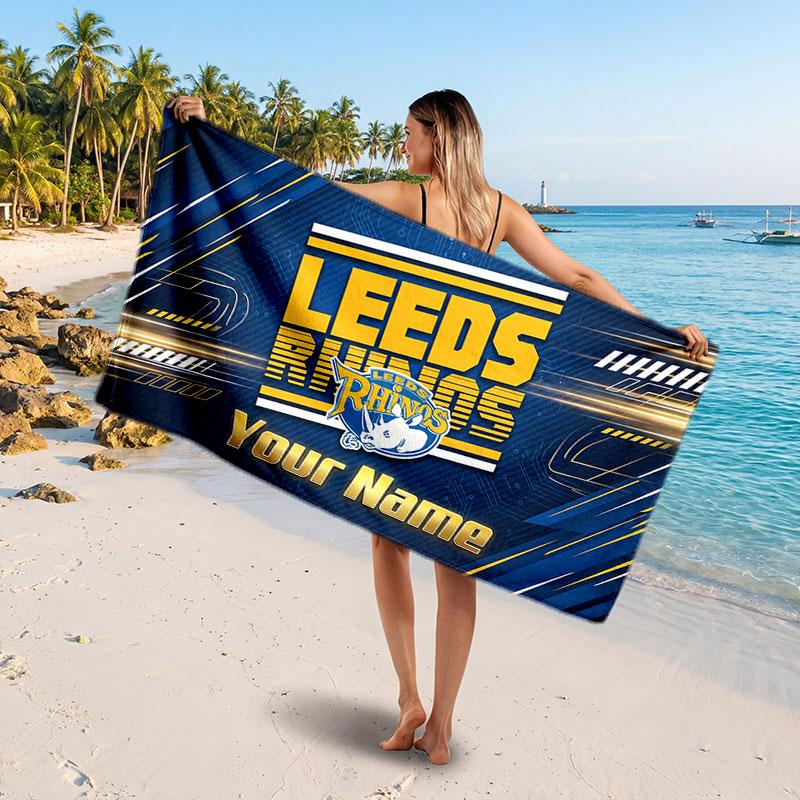 Leeds Rhinos Customized Name Text Beach Towel, Soft Absorbent Towel Beach Pool Travel Personal Gift