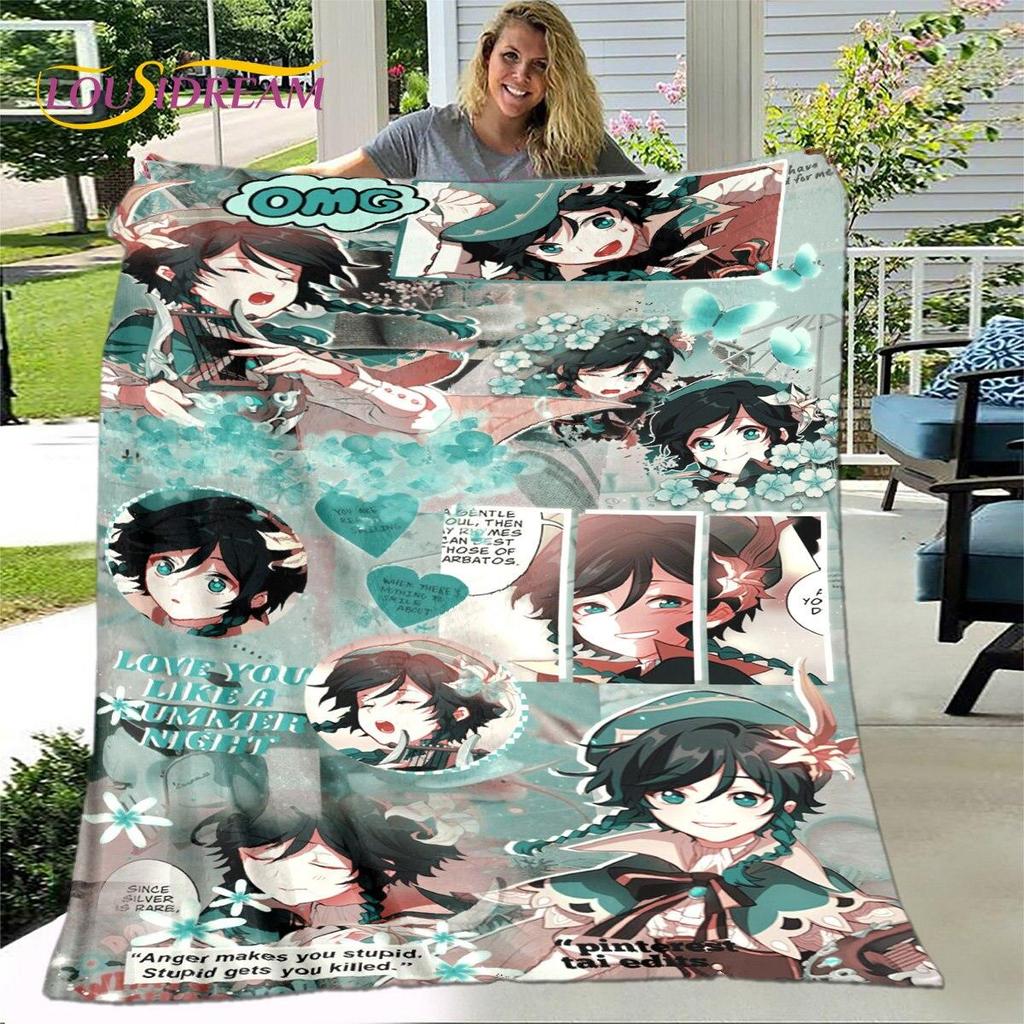 Gra animowana 3D Genshin Impact koc, koc flanelowy rzut koc, miękki ciepły koc do salonu łóżka do sypialni Sofa prezent