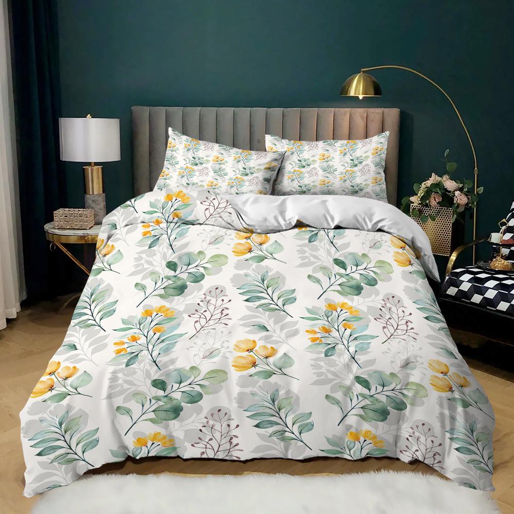 Leaf Flower Print Three-Piece Kit Quilt Cover Small And Fresh